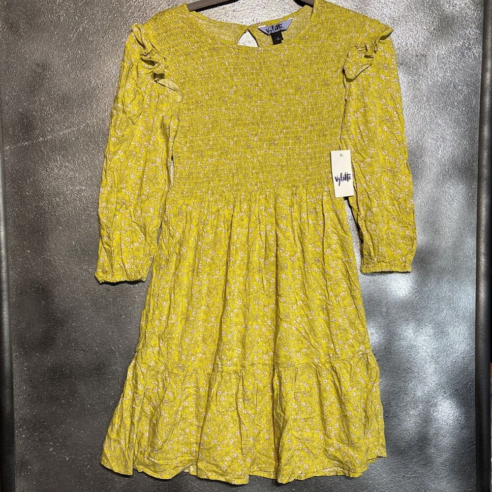 Vylette Sz S Yellow Floral Smocked Dress 3/4 Sleeves  NWT Cottagecore Fall
